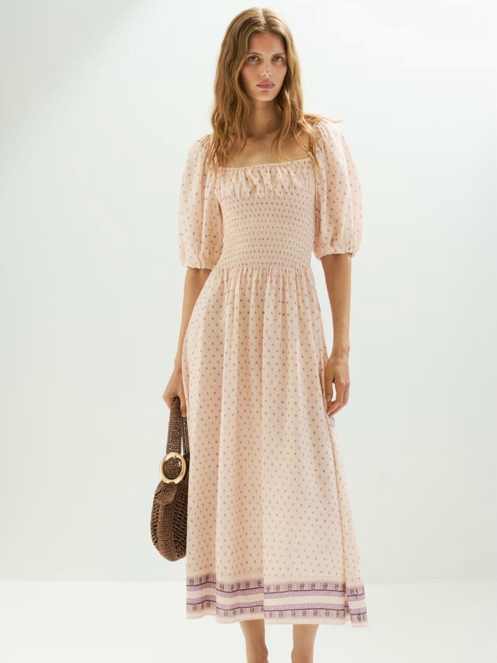H&M Light Blush Pink Smocked Midi Dress with Puff Sleeves
